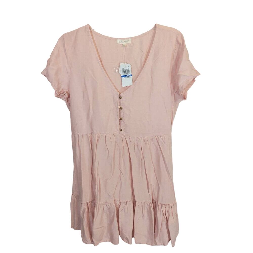 NWT Ultra Flirt Pink V-Neck Ruffled Hem Tiered Baby Doll Dress Womens Size Large